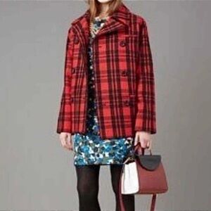 Kate spade SATURDAY scotch plaid wool blend pea coat Red Black Sz S